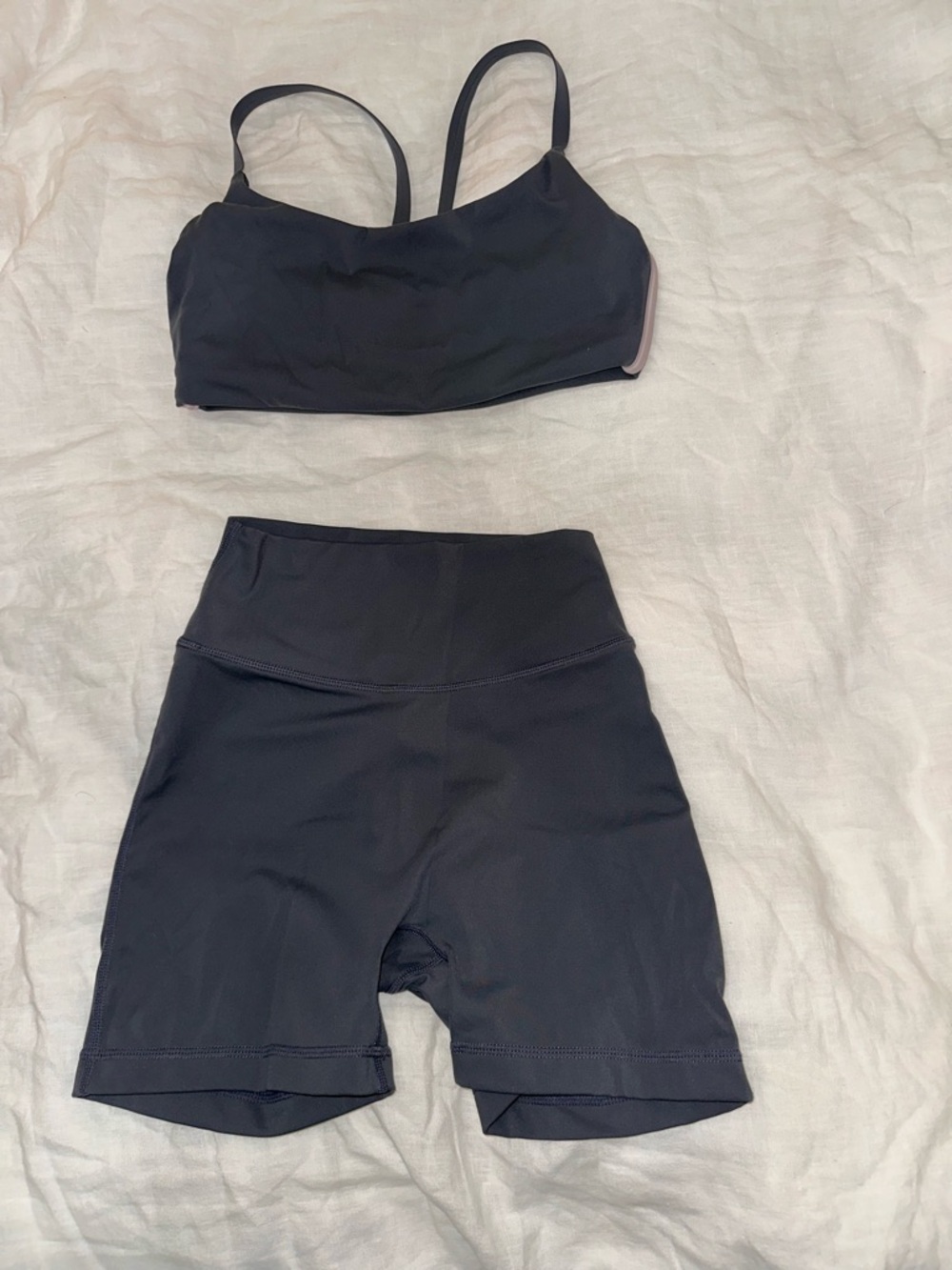 Grey Pavoi activewear set with white stripe